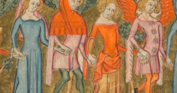 Mann mit mittelalterlicher Gugel und Zatteln in Federform, Illustration aus dem Roman de la Rose, 14. Jahrhundert