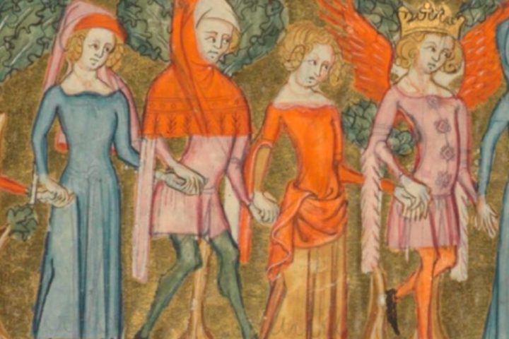 Mann mit Gugel und federförmigen Zatteln – aus dem „Roman de la Rose“, Bibliothèque nationale de France, Ms. 1567, fol. 7r. Mann mit mittelalterlicher Gugel und Zatteln in Federform, Illustration aus dem Roman de la Rose, 14. Jahrhundert