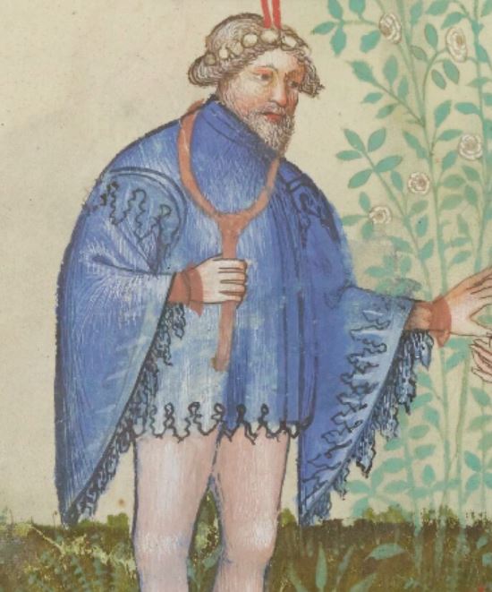 Mann mit Eichenblatt-Zatteln an Gewandsaum, Ärmeln und Schultern – aus dem „Tacuinum Sanitatis“, Bibliothèque nationale de France, NAL 1673, fol. 83r. Mittelalterlicher Mann mit blauem Gewand, verziert mit Eichenblatt-Zatteln an Saum, Ärmeln und Schultern, aus dem Tacuinum Sanitatis