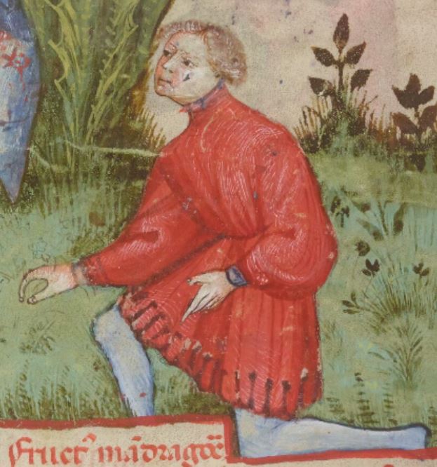 Mittelalterliches Gewand mit ovalen Zatteln am unteren Saum – aus dem „Tacuinum Sanitatis“, Bibliothèque nationale de France, NAL 1673, fol. 85r. Mann in mittelalterlichem Gewand mit ovalen Zatteln am Saum, Illustration aus dem Tacuinum Sanitatis, 14. Jahrhundert