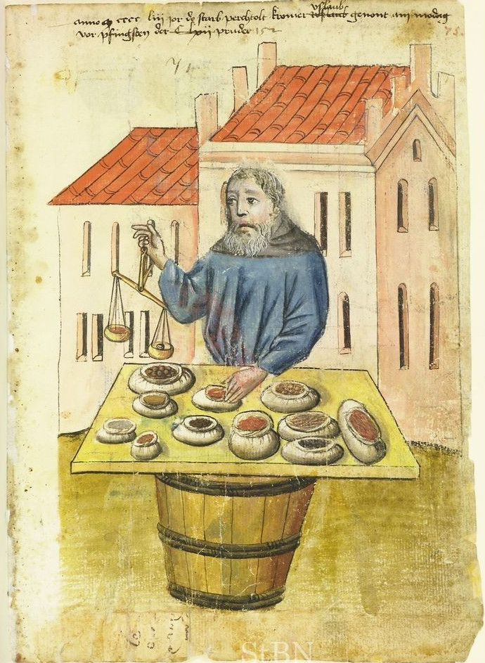 75-Amb-2-317-75-r.tif Darstellung eines mittelalterlichen Gewürzhändlers aus dem Mendelhaus, Nürnberg, 15. Jahrhundert – typische Handelsware für Hypocras-Zutaten wie Zimt, Nelken und Muskat.
