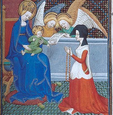 Illustration eines mittelalterlichen Paternosters in der Handschrift MS M.455, Pierpont Morgan Library, Paris, datiert auf 1410–1420, mit betenden Figuren und Gebetsperlen.