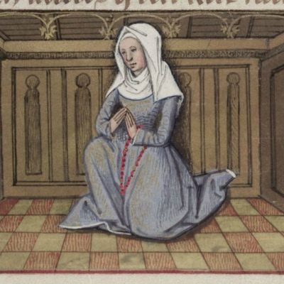 Frau mit geschlossenem Paternoster in einer Miniatur aus dem Roman de la Rose, Handschrift MS Douce 195, Bodleian Library, 2. Hälfte 15. Jahrhundert