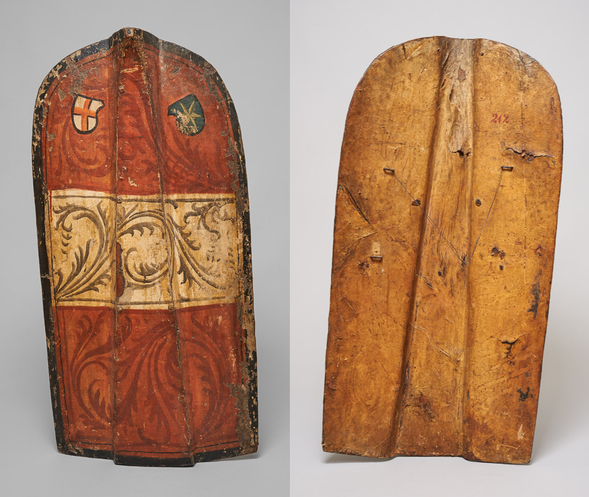 Klausner Pavese, 2. Hälfte 15. Jahrhundert – Vorder- und Rückseite, Holz, Leder, Tempera, Georgskreuz und Stern. Kunsthistorisches Museum Wien, Inv. A 212