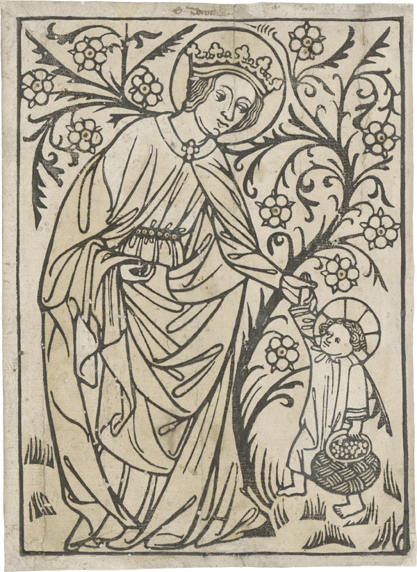 Kolorierter Einblattholzschnitt der heiligen Dorothea, bayerisch oder Salzburg um 1420