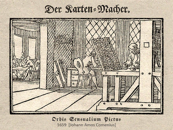 Der Kartenmacher bei der Arbeit, Kupferstich aus Comenius Orbis Pictus 1659
